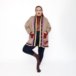 Laura Larkins in the Lavender Lobster Apres Ski Cardigan